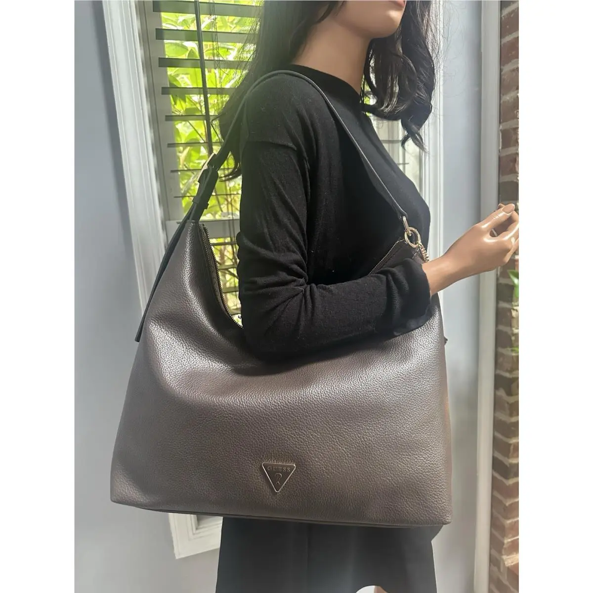 Talia Large Brown Top Zip Hobo Bag by Guess
