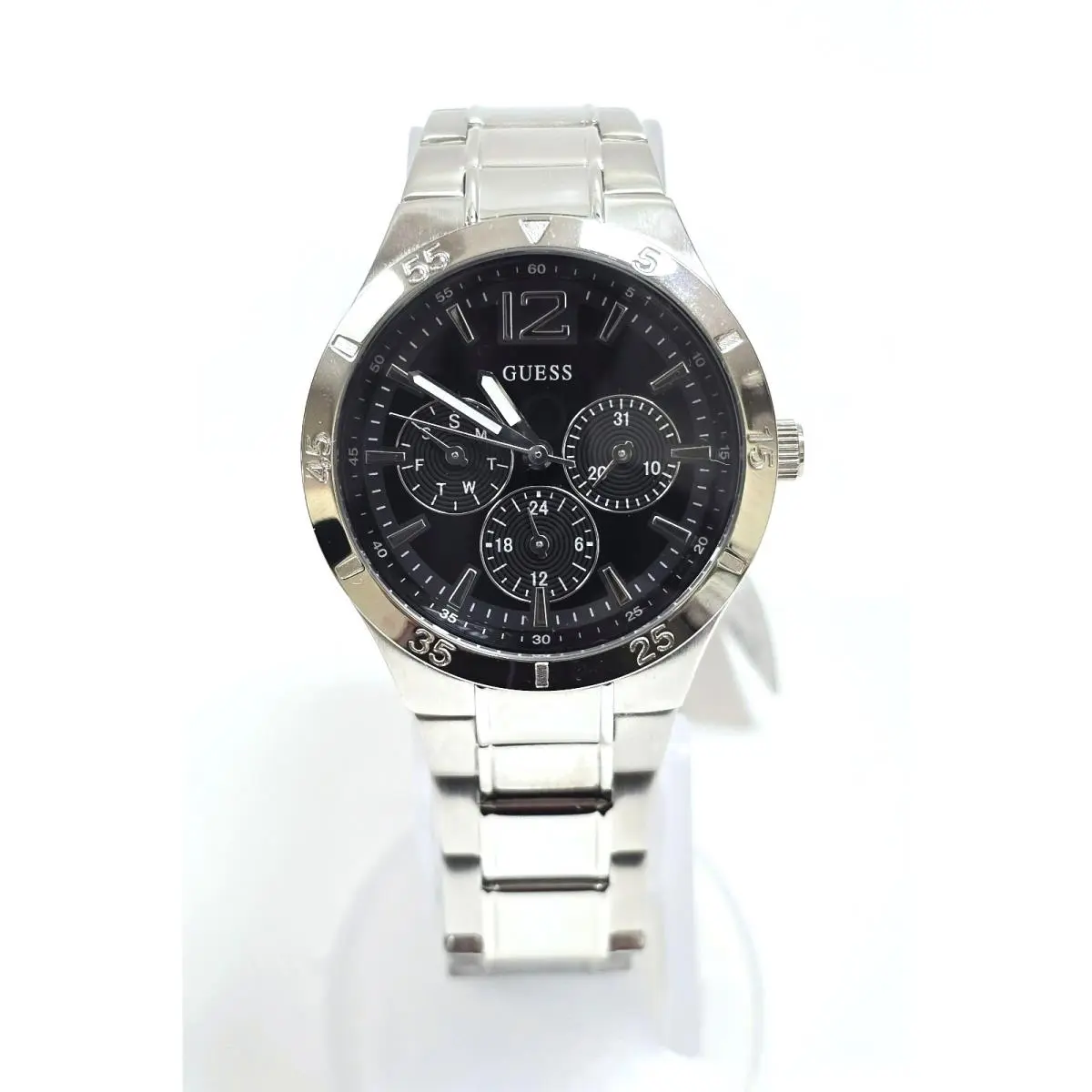 Water Polished Brushed Silver Tone Black Dial S/s Date Day Watch U95164L2 by Guess