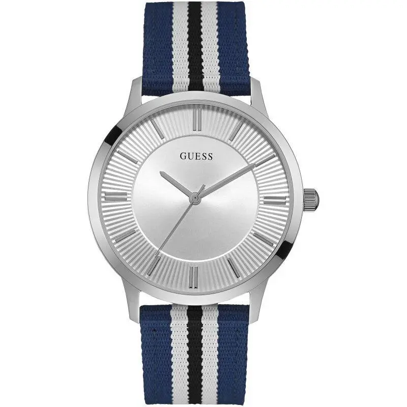 Blue White Striped Nylon Strap Silver Tone Dial 45mm Men`s Watch W0795G3 by Guess