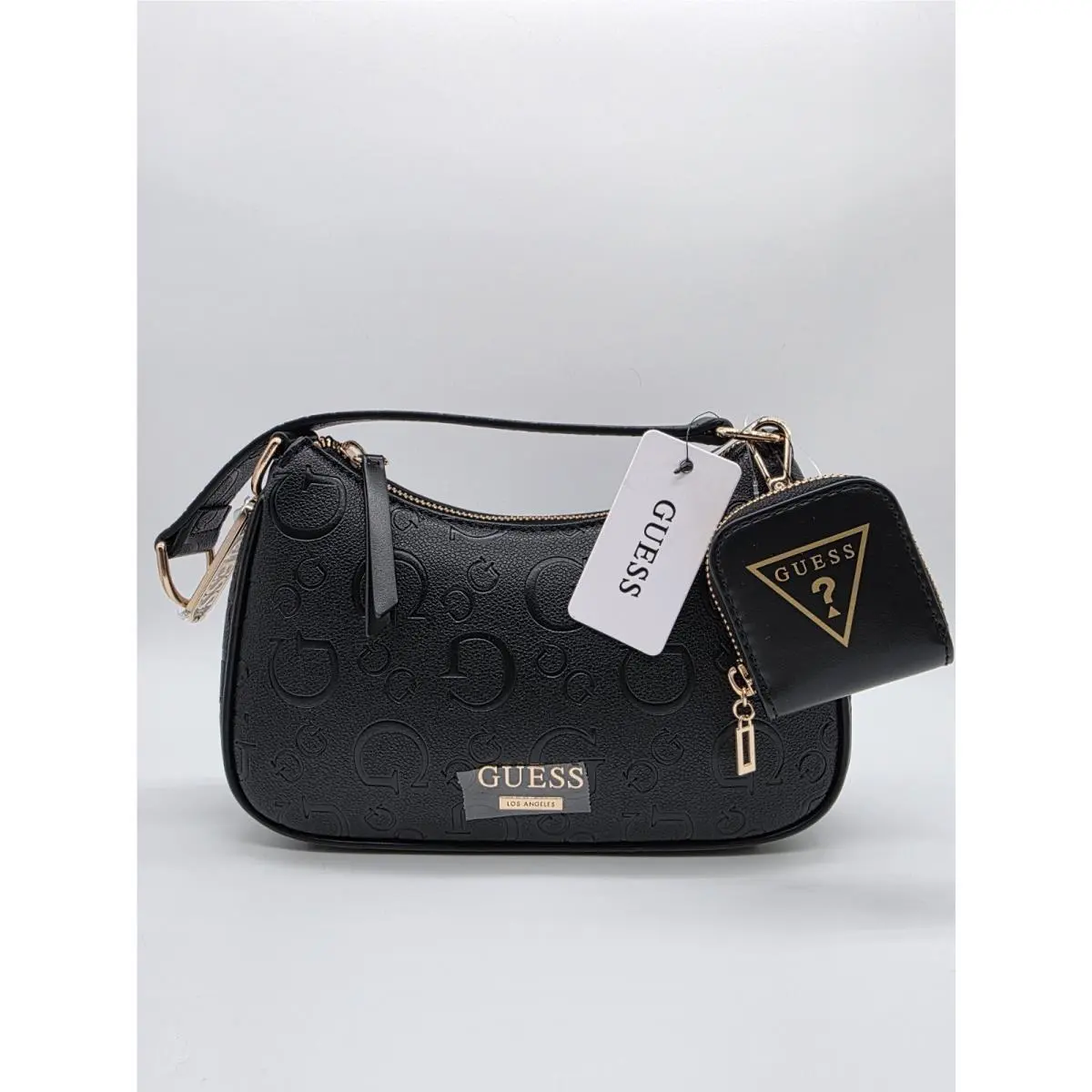 Black Leather Oona Shoulder Bag Gold Hardware Zip Purse by Guess