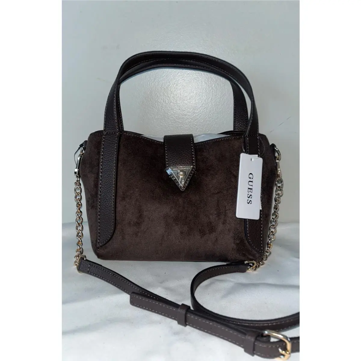 Ohara Suede Top Handle Crossbody Bag in Chocolate Brown by Guess