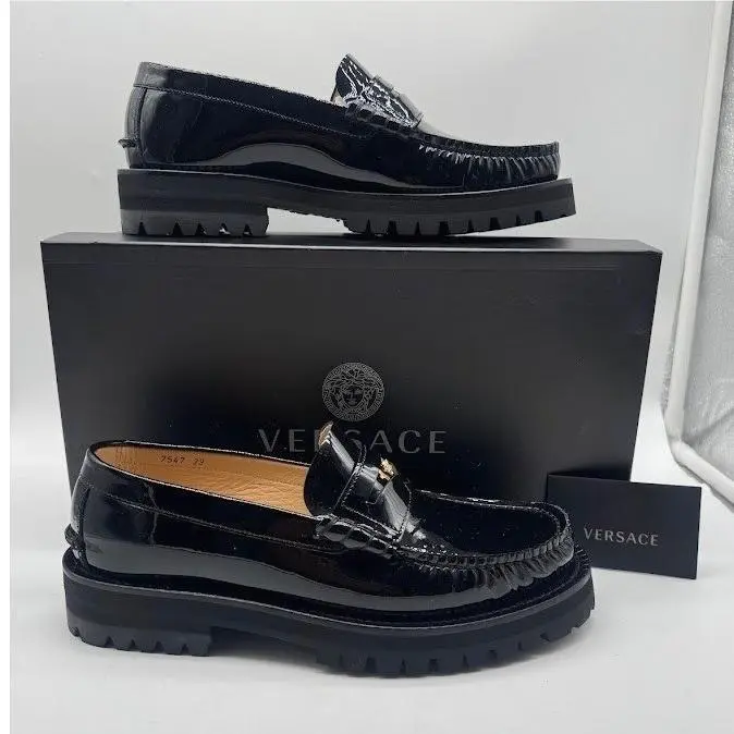 Versace Medusa Men Patent Leather Lug Loafers Black IT 39 US 6 Gold DSU7547