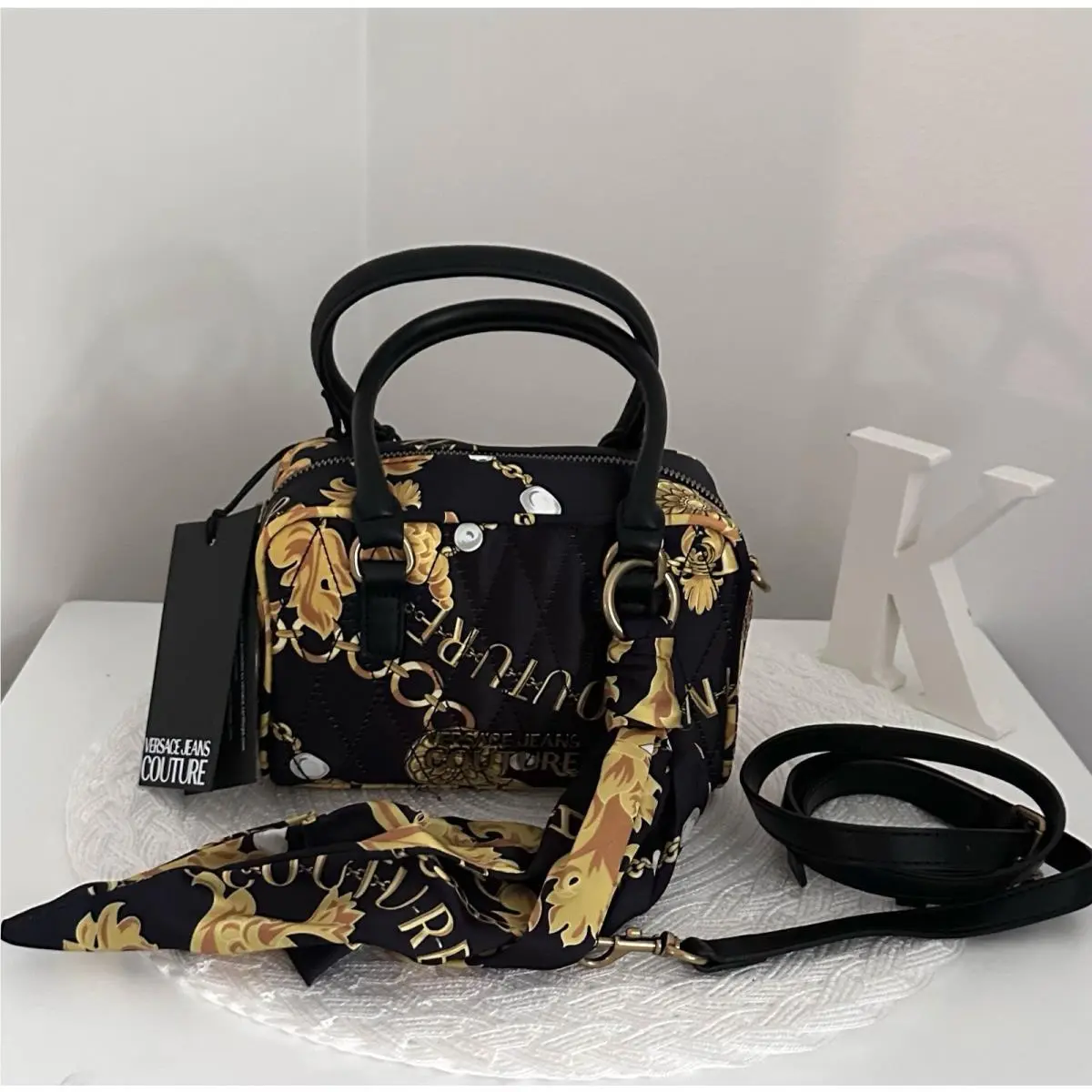 Jeans Couture 2-way Quilted Satin Boston Crossbody Bag and Scarf by Versace