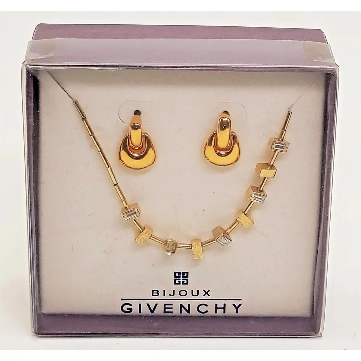Signed Bijoux  Gold Tone Rhinestones Set Necklace Pierced Earrings by Givenchy