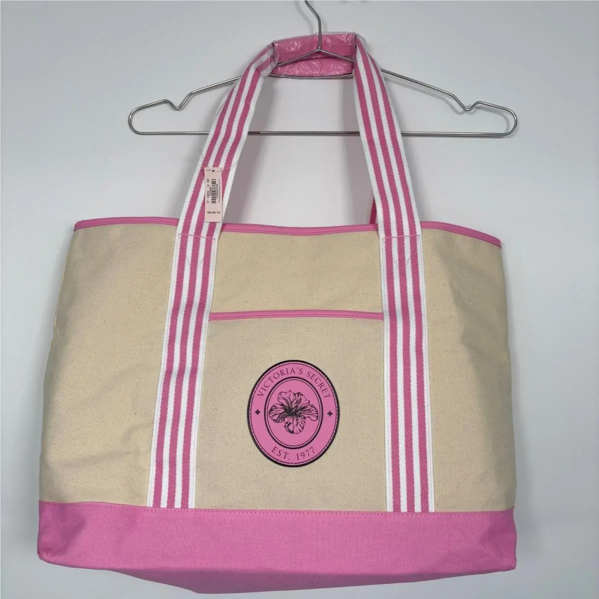 Victoria`s Secret Women Tote OS Pink Canvas Striped Hibiscus Logo Beach Bag by Victoria's Secret