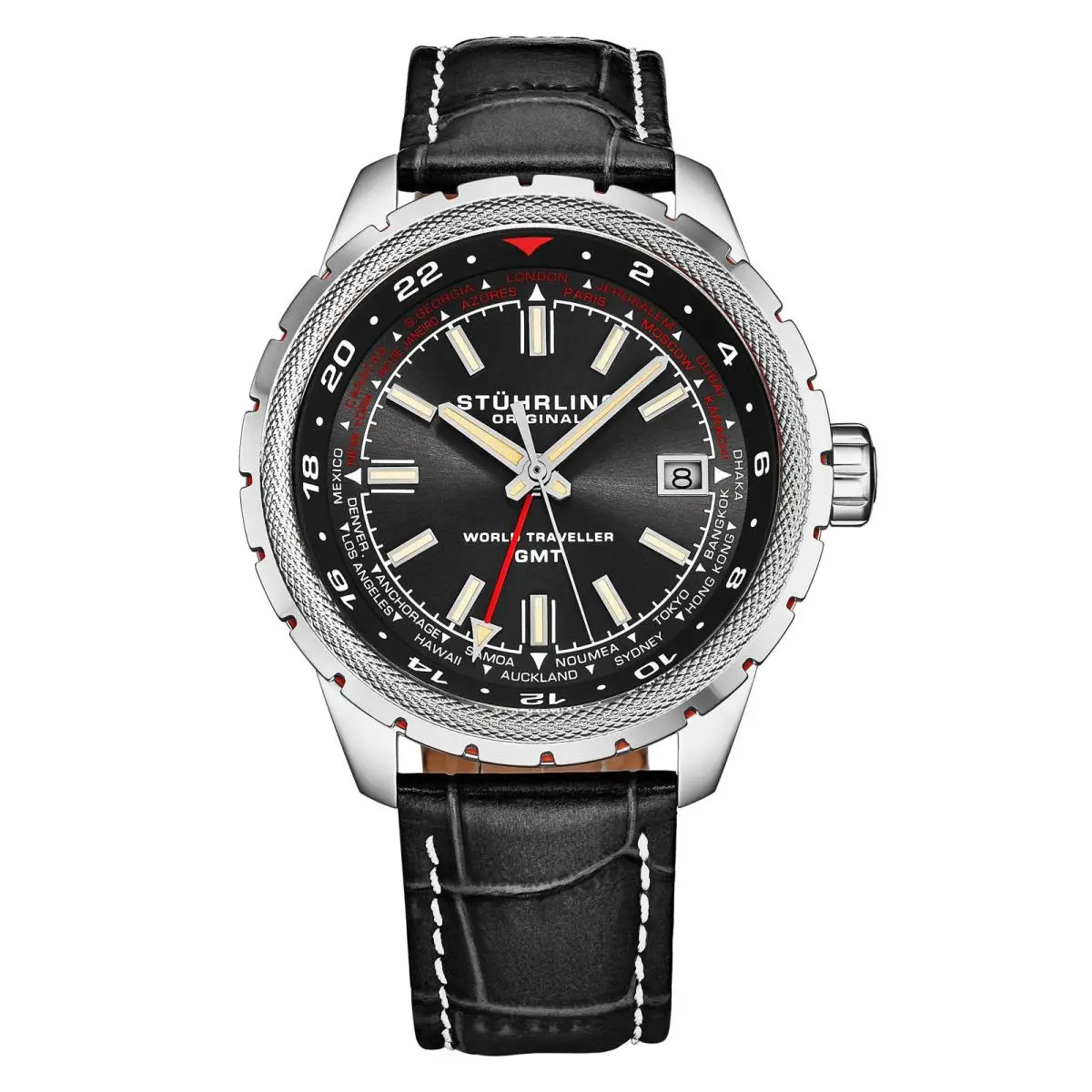 Stuhrling Global Voyager Gmt 42mm World Timer Watch Black/leather Black Dial Wristwatch by Stührling