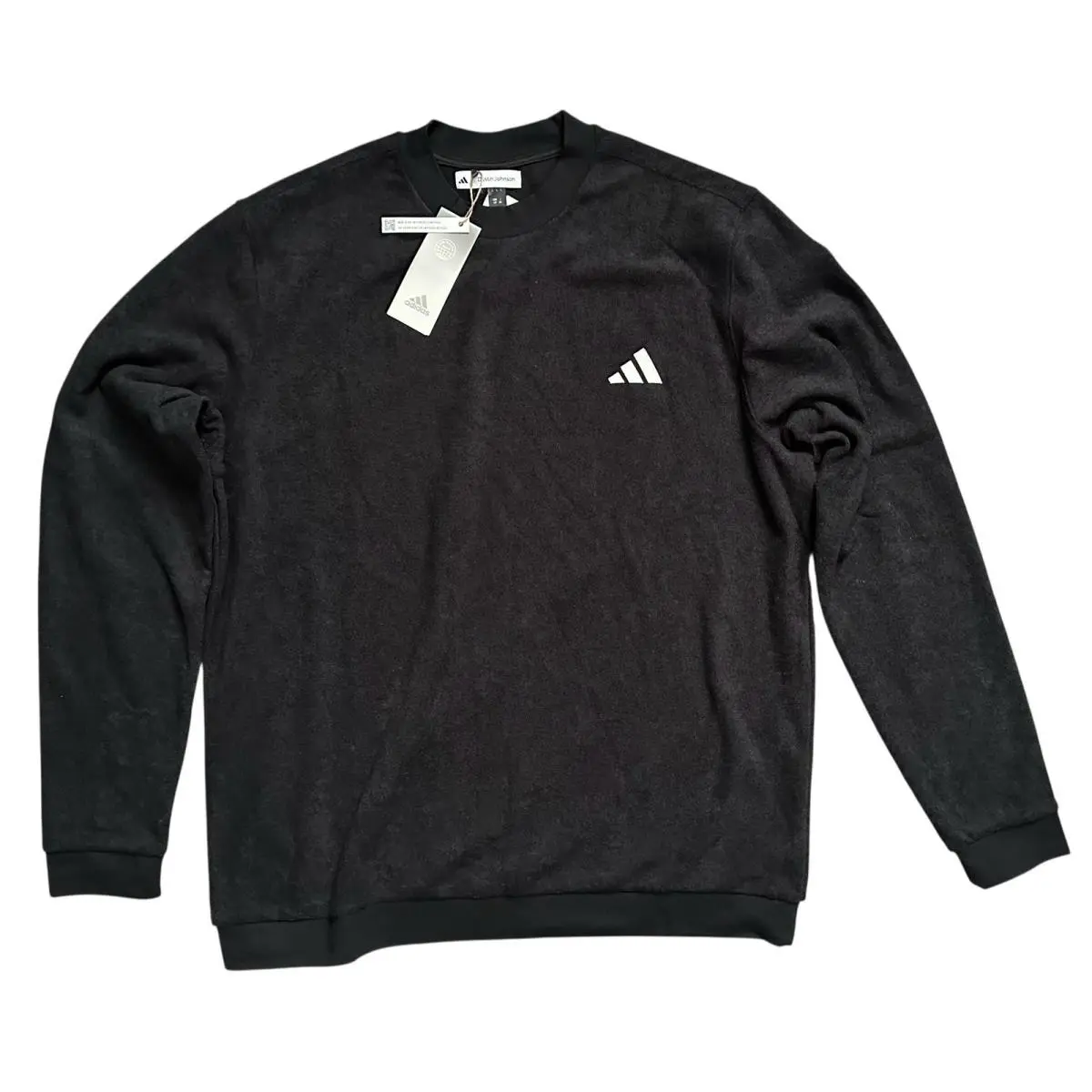 Adidas Dustin Johnson Core Crew Sweatshirt Black Logo Fleece Pullover Men`s L