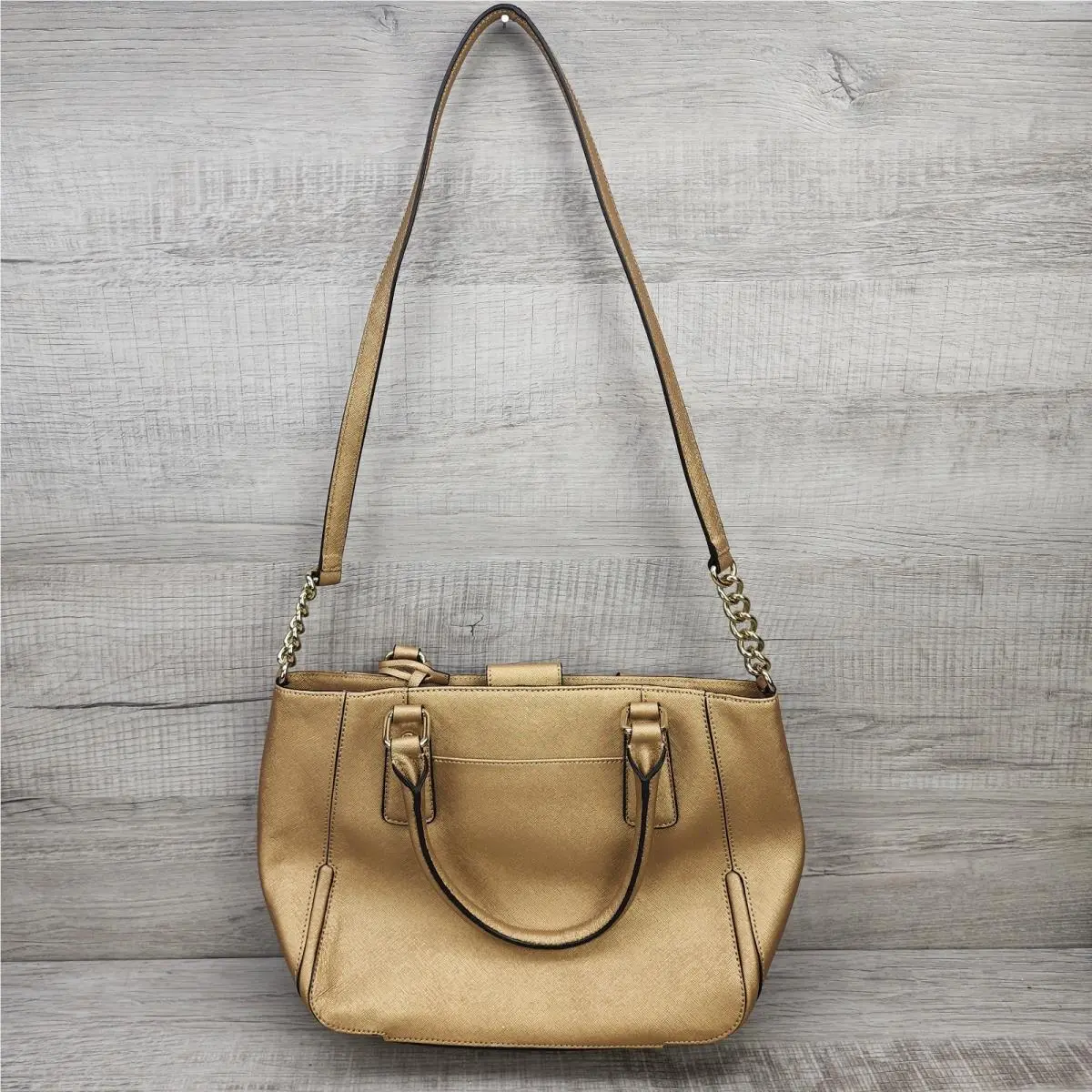 Gold Saffiano Leather Satchel Crossbody Shoulder Bag H3DD11DJ by Calvin Klein