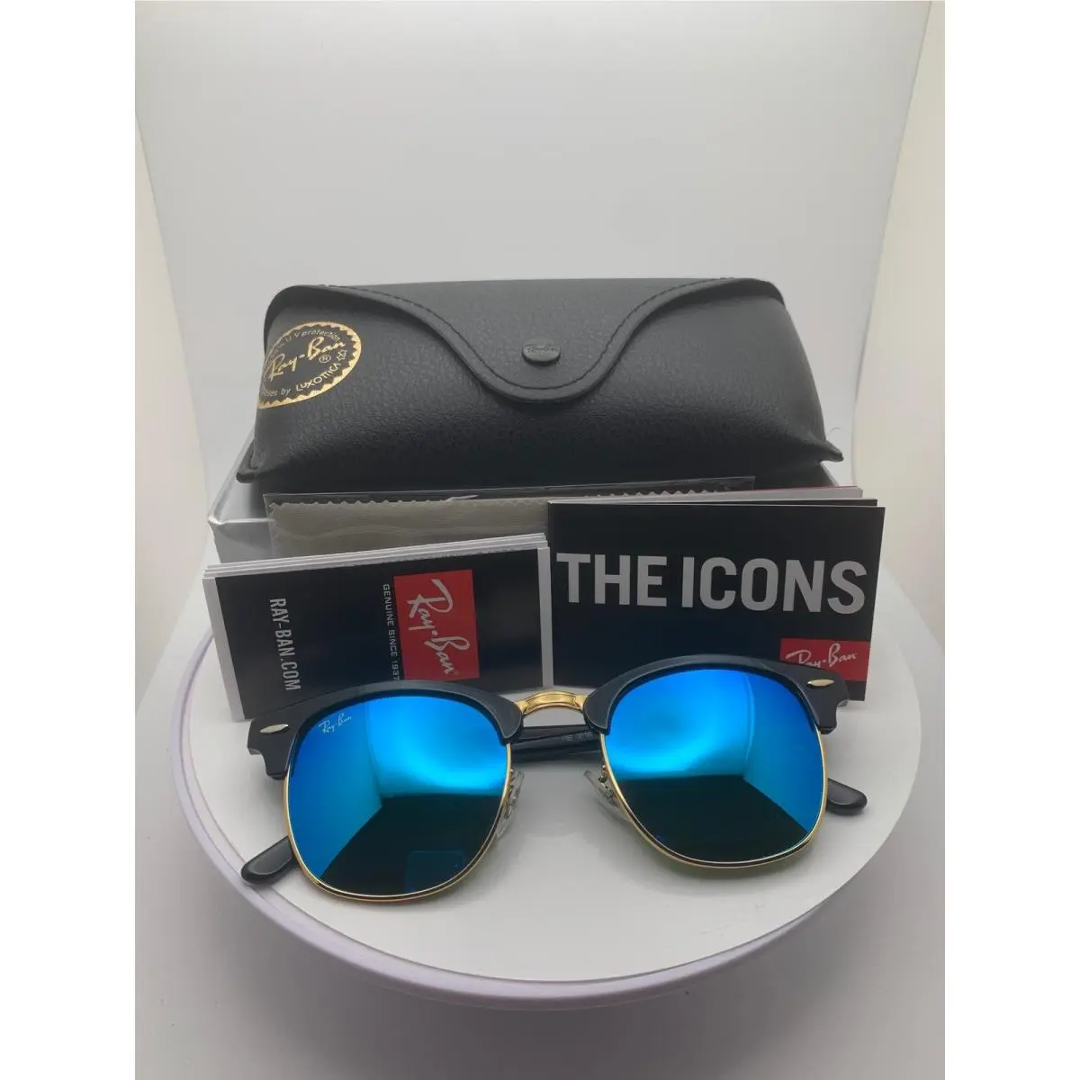 Ray-ban Clubmaster RB3016 901/17 Black Gold Blue Mirror Sunglasses 51mm
