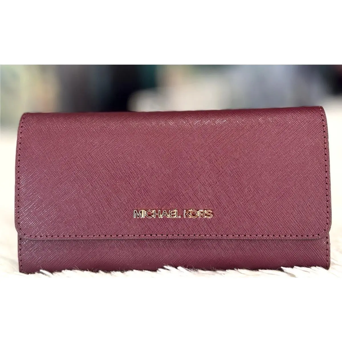 Jet Set Travel Tri-fold Zip Coin Wallet In Merlot Leather Gold by Michael Kors