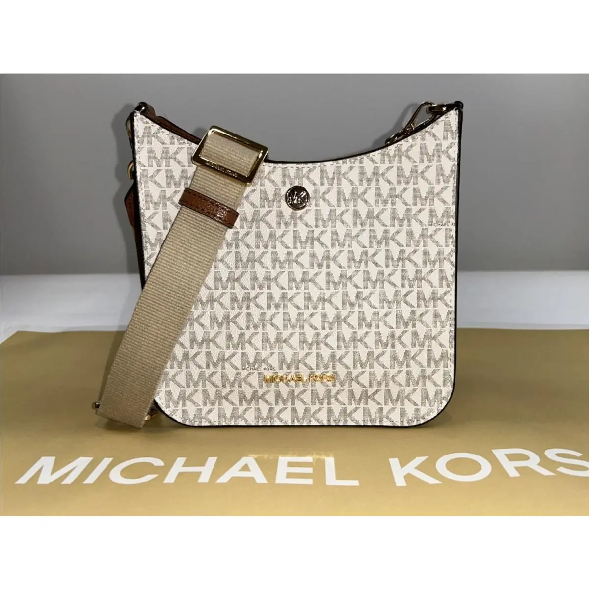 Crossbody Bag Vanilla MK Logo Leather Cotton Briley by Michael Kors