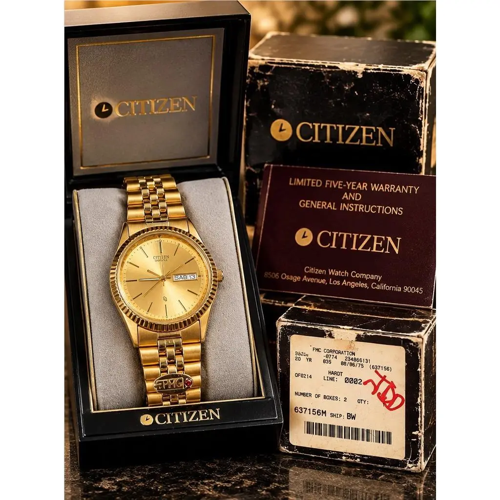 Vintage Citizen CQ 6100-S26585 AD6062-59P Gold Day Date Nos Box Papers