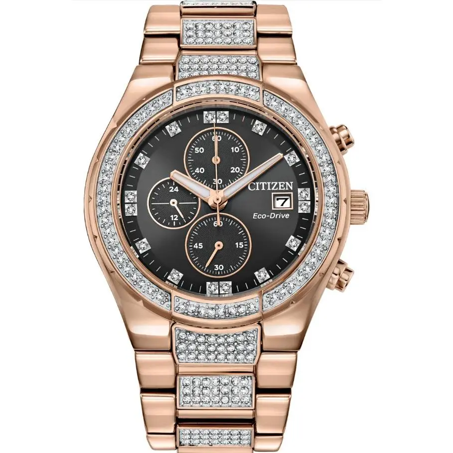 Eco-drive Crystal Black Dial Rose Gold Tone Men’s Watch CA0753-55E by Citizen