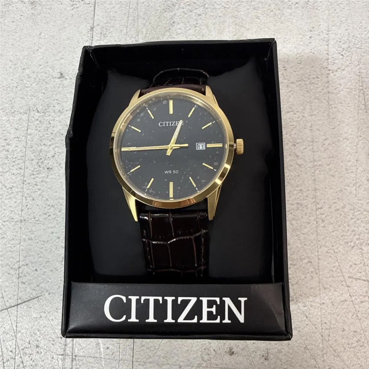 Men`s Quartz 39mm Gold Tone Black Dial Leather Strap Watch BI5002-06E by Citizen