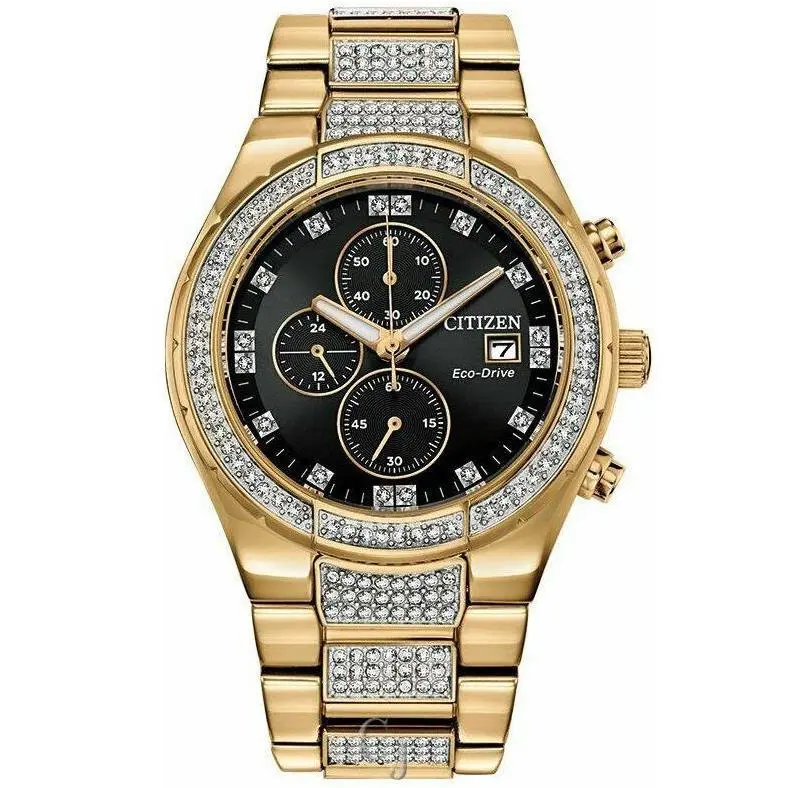 Citizen Eco-drive Crystal Black Dial Gold Tone Men’s Watch CA0752-58E