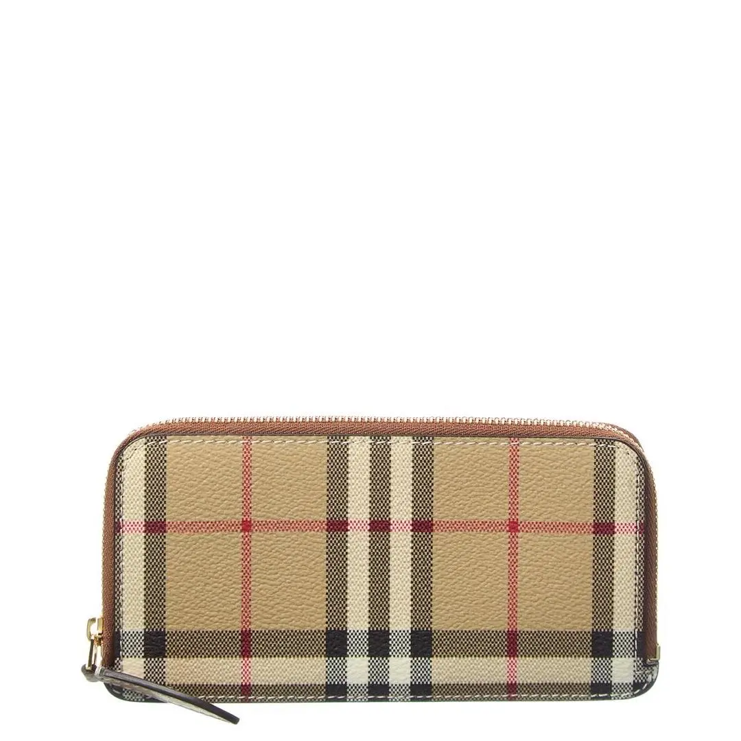 Large Vintage Check E-canvas Leather Card Case Women`s Brown by Burberry