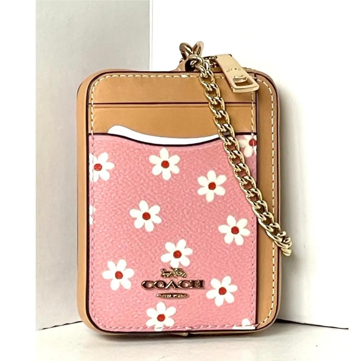 Coach Zip Card Case CFA37 Pink Floral Leather ID Wallet Gold Cha