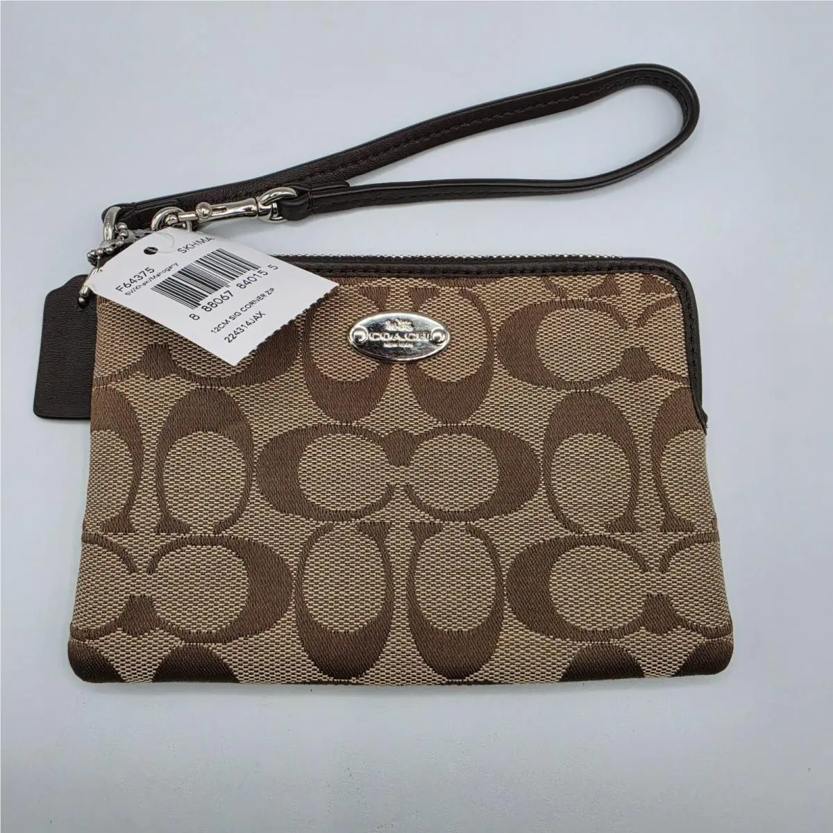 Coach F64375 Signature Corner Zip Wristlet Khaki Mahogany Brown Wallet Cards