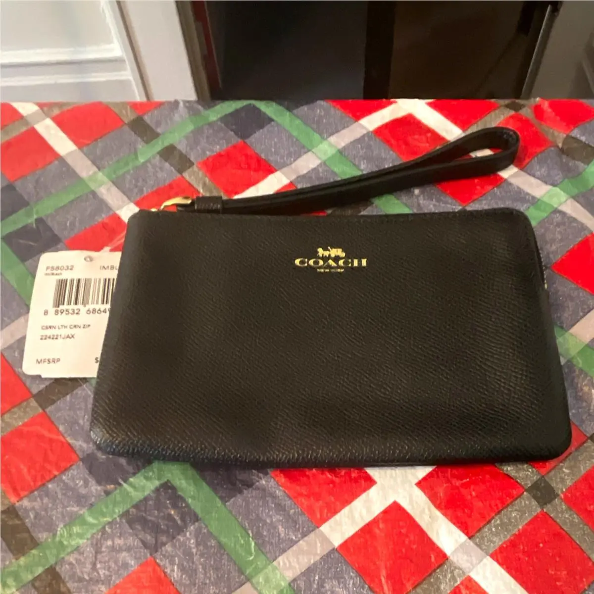 York Black Solid Wristlet Zip Logo Wrist Strap Gold HW Inner Pockets by Coach
