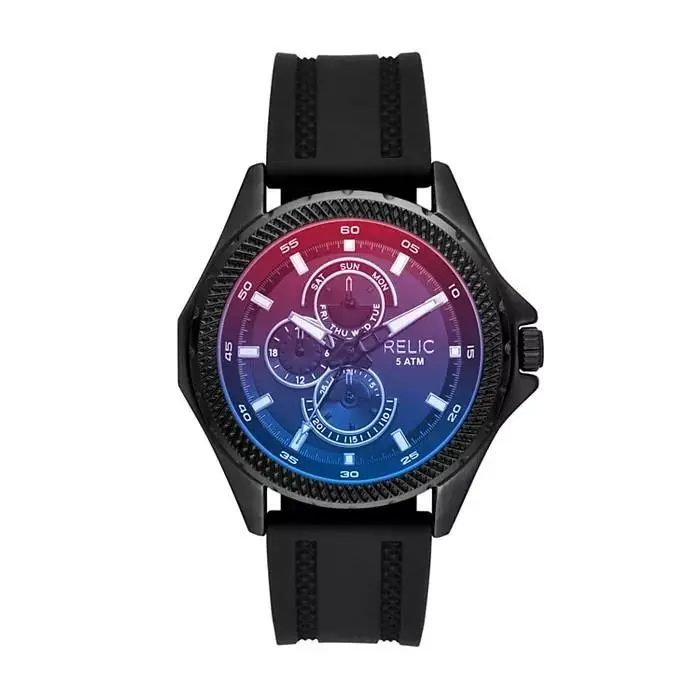 Relic by Fossil Men`s ZR16028 Heavy Duty Analog Display Quartz - Dial: Blue, Orange, Red, Band: Black, Bezel: Silver