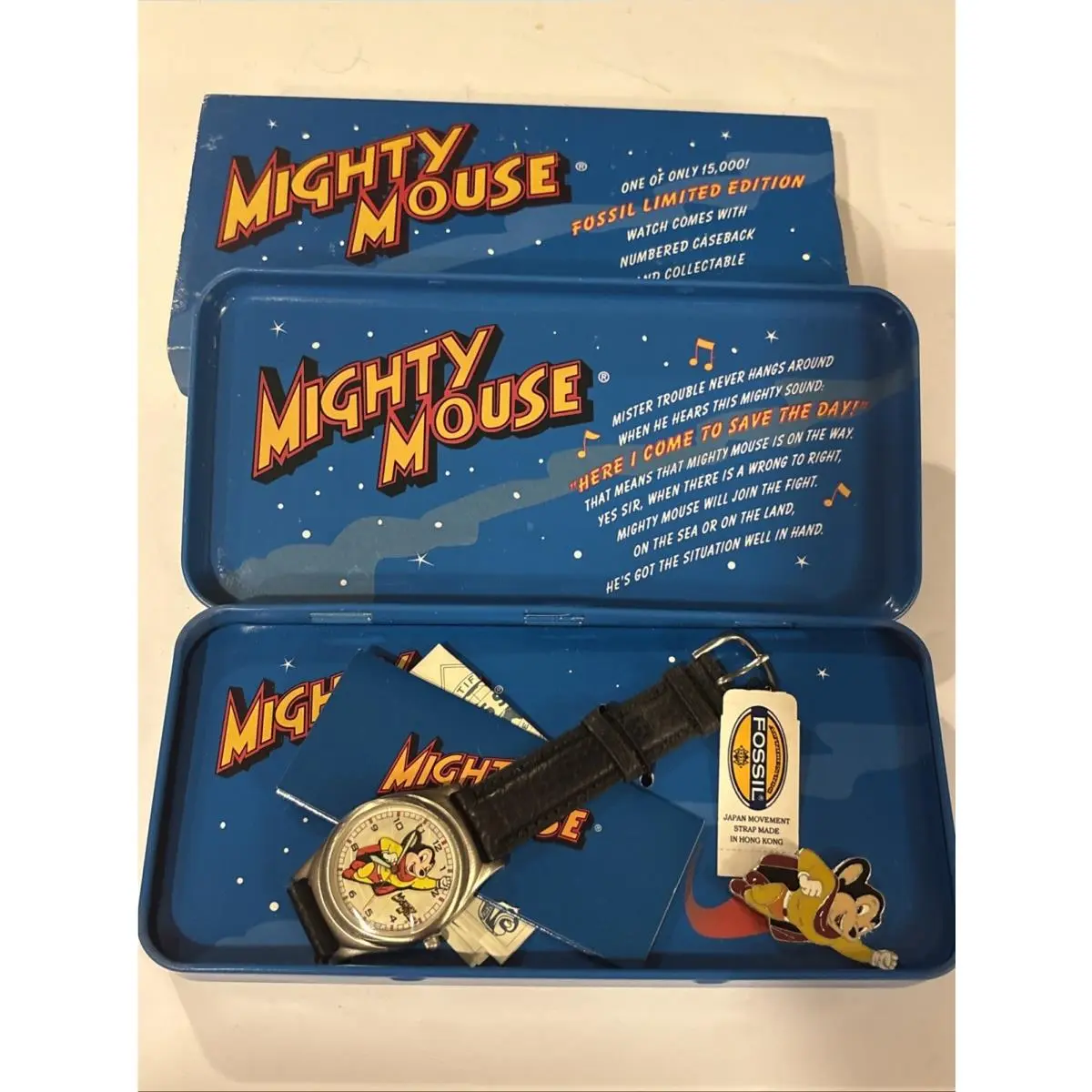 Mighty Mouse Limited Edition Quartz Watch Black Leather Strap Box Papers by Fossil