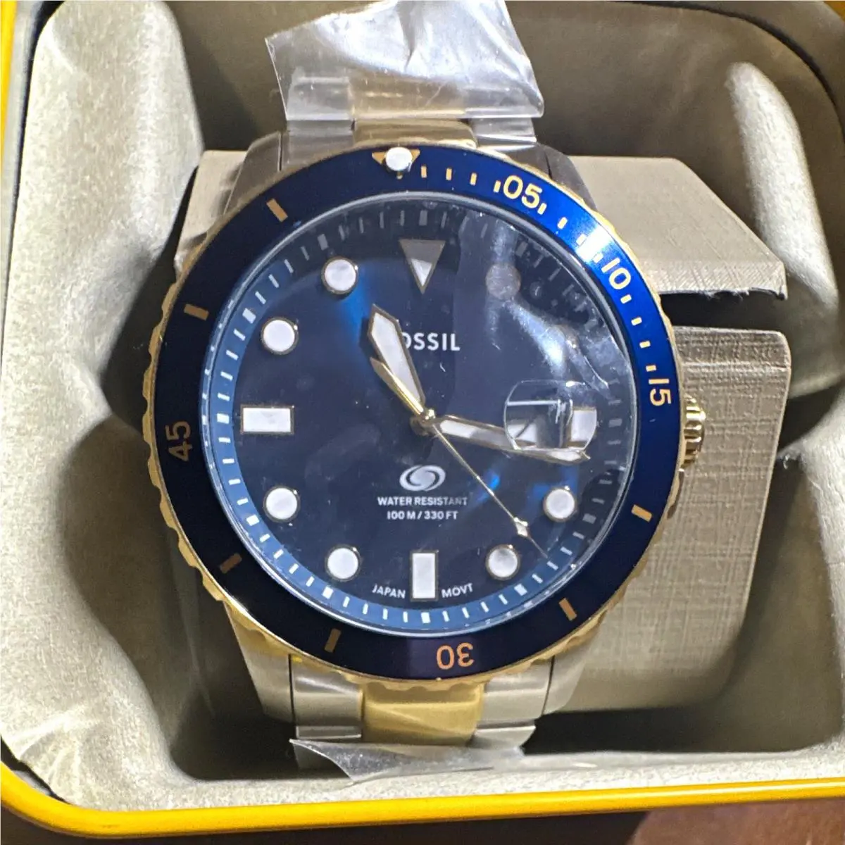 Men’s Quartz Diver Watch Blue Dial Two-tone SS Bracelet Date 100m Box by Fossil