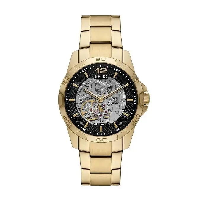 Relic By Fossil Men`s Automatic Gold Stainless Steel Bracelet Watch ZR16033 - Dial: Black, Band: Gold, Bezel: Gold