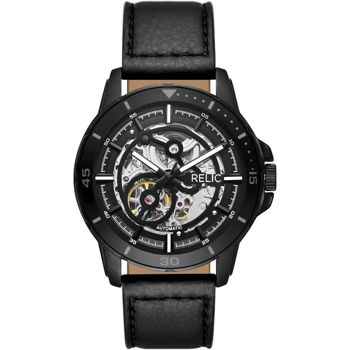 Relic By  Men`s Automatic Black Leather Strap Watch ZR16034 Skelton by Fossil