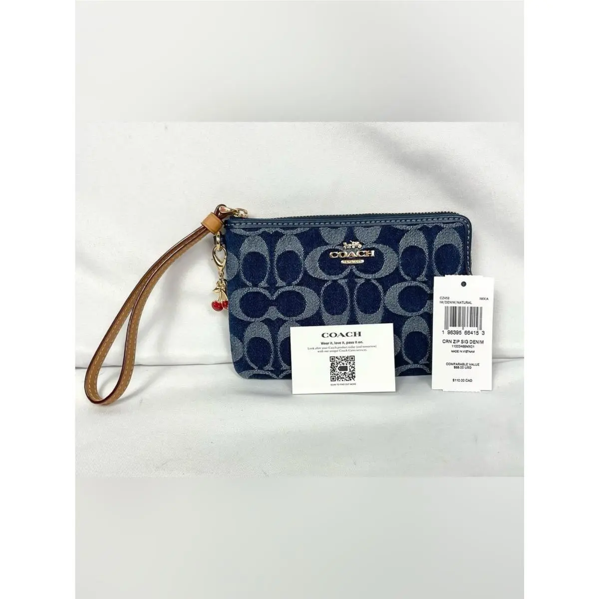 Coach CZ452 Corner Zip Wristlet In Signature Denim with Cherry Charm