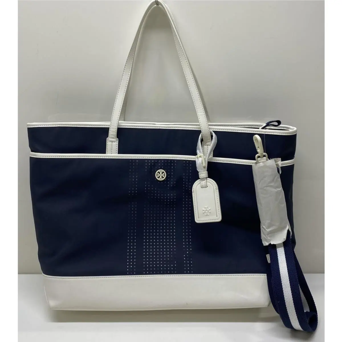 W/ Tags  Sport Chevron Perf Navy Ivory Pearl Tennis Tote Bag by Tory Burch