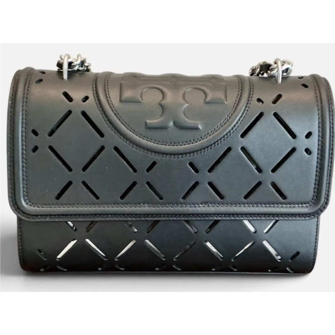 Fleming Diamond Perforated Convertible Shoulder Black Matte Bag by Tory Burch