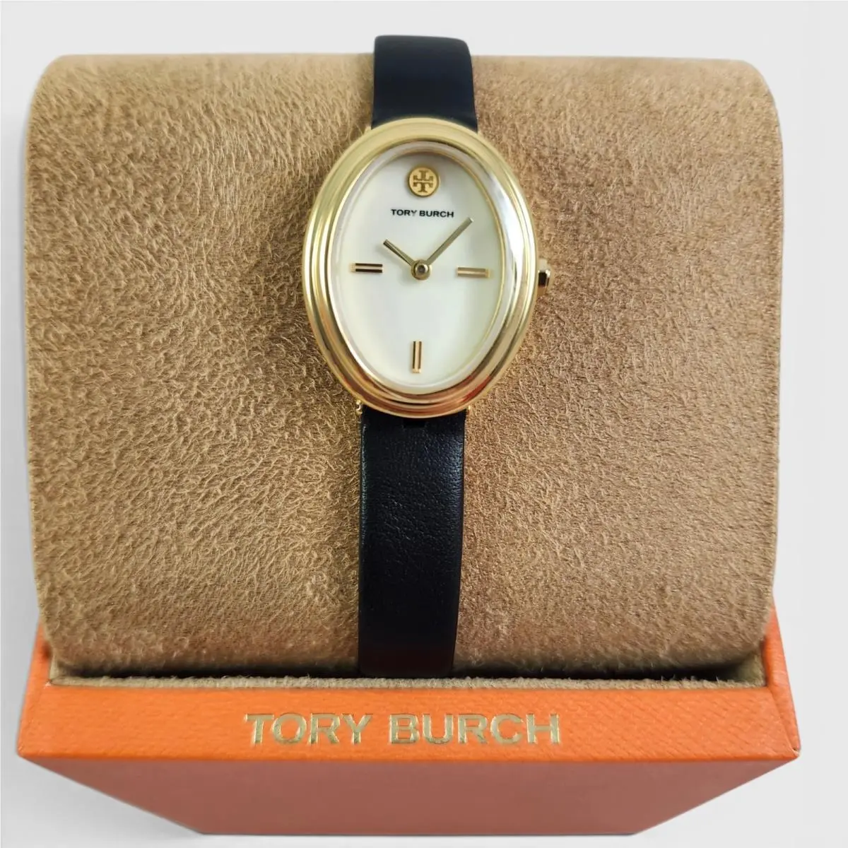 Oval Gold Black Leather Strap Watch TBW6030 Logo by Tory Burch