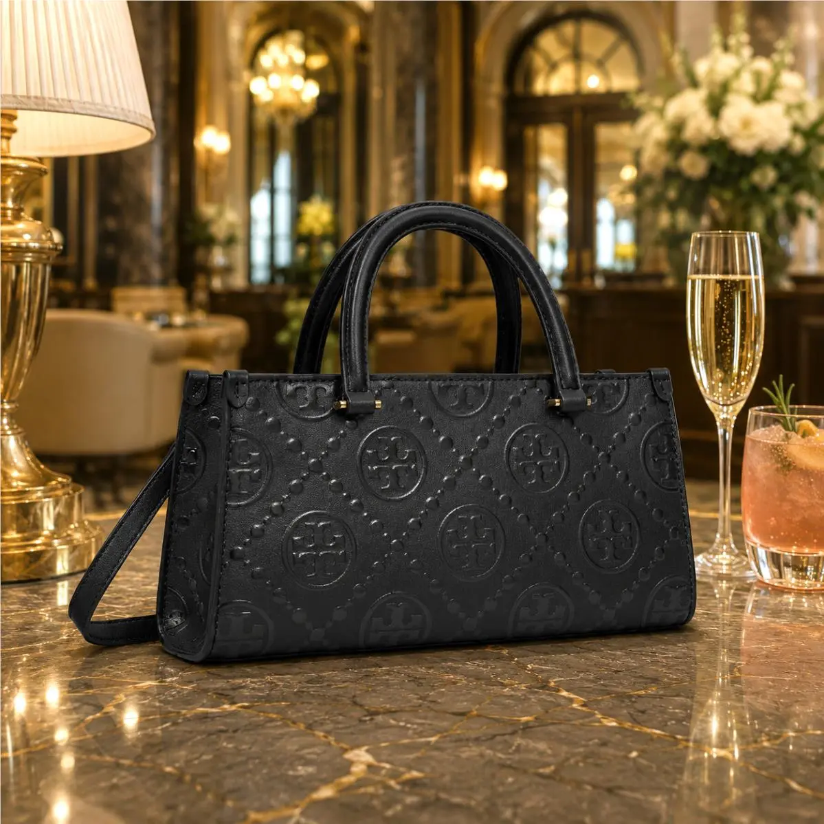 T Monogram Black Embossed Leather Small Tote/satchel/crossbody Bag by Tory Burch