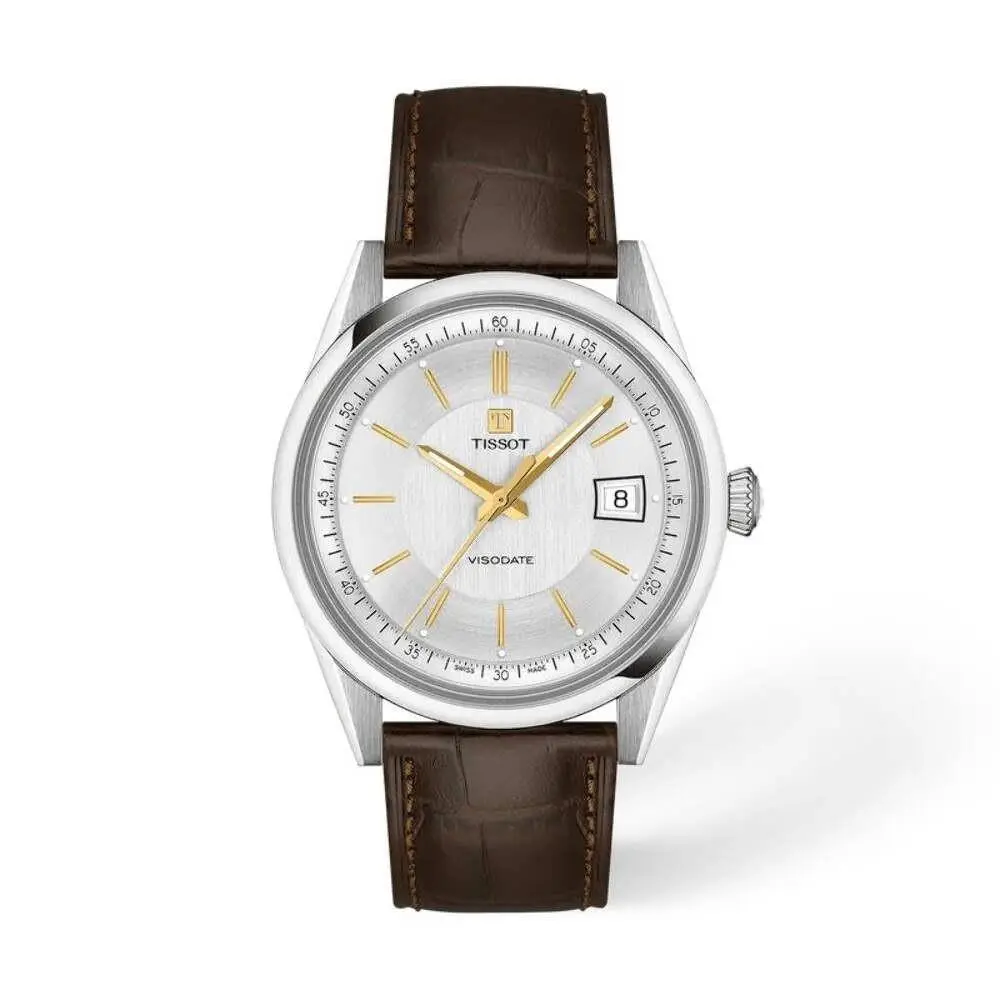 Visodate Silver / Brown Leather Silver Dial Wristwatch T1574071603100 by Tissot