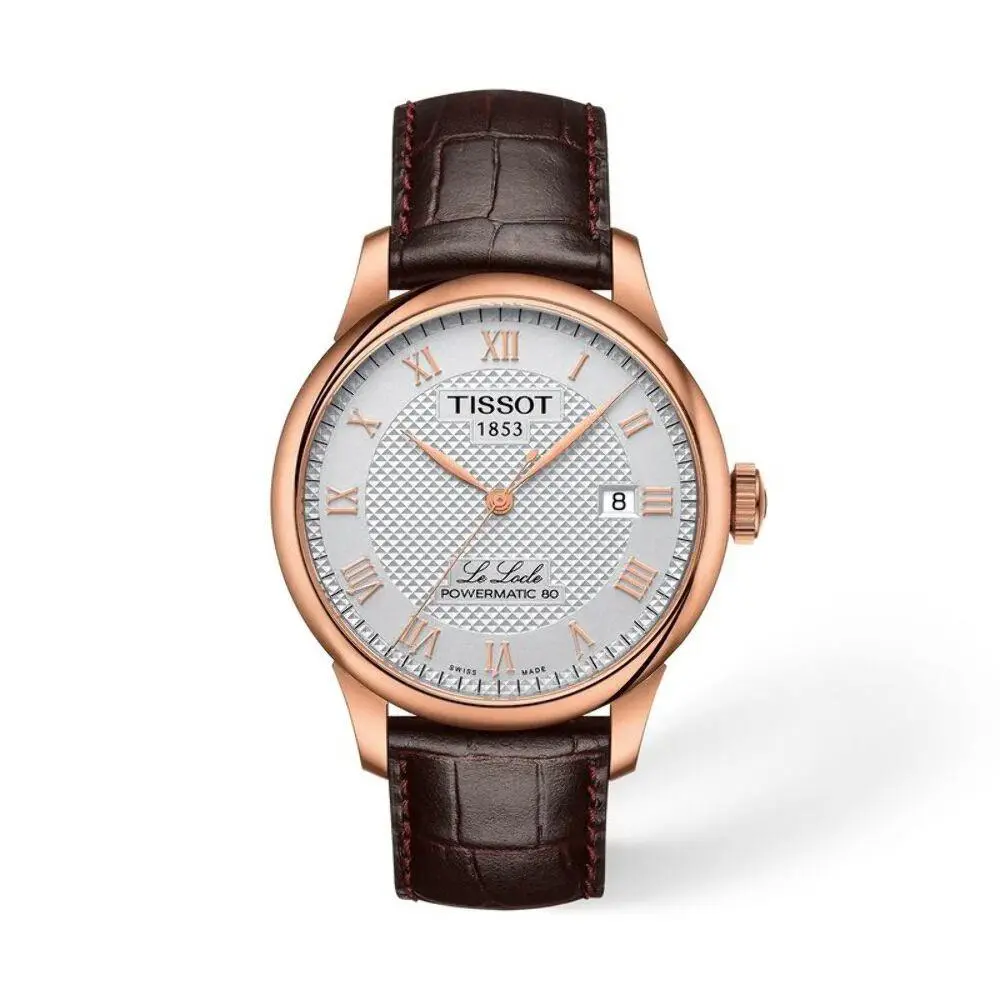 Le Locle Silver / Brown Leather Silver / Rose Gold-tone Dial Wristwatch T0064073 by Tissot