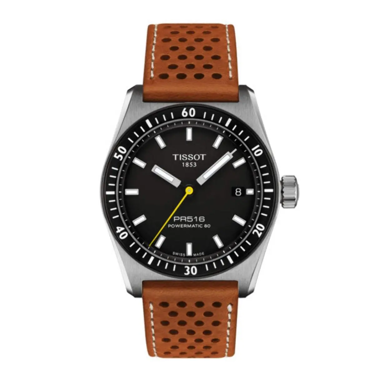 PR516 Powermatic 80 Light Brown / Leather Black Dial Wristwatch T1494071605100 by Tissot