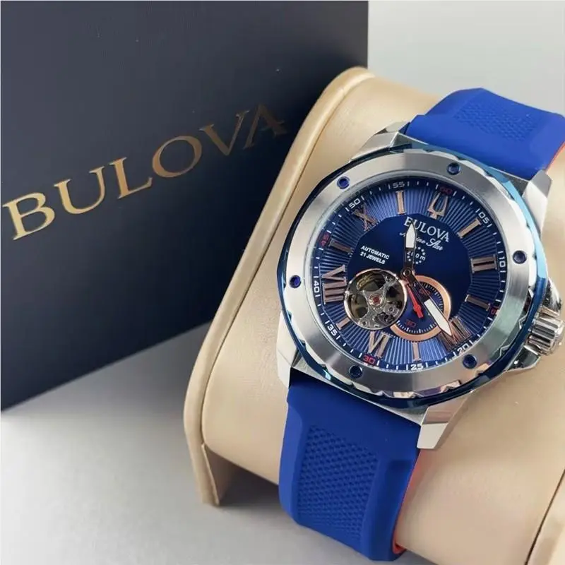 98A282 Marine Star Men`s Automatic Watch Blue Dial Silicone Strap 45MM by Bulova