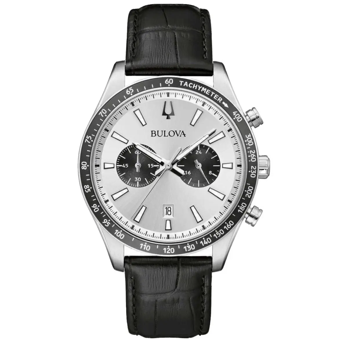Panda Classic 41mm Chronograph Silver Dial Black Leather Watch 98b389 by Bulova