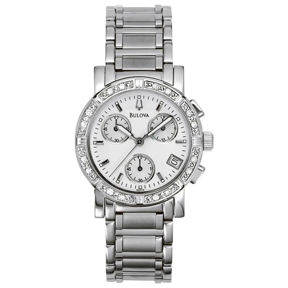 96R19 Chronograph Date 16 Diamonds Silver Tone Stainless St. Ladies Watch by Bulova
