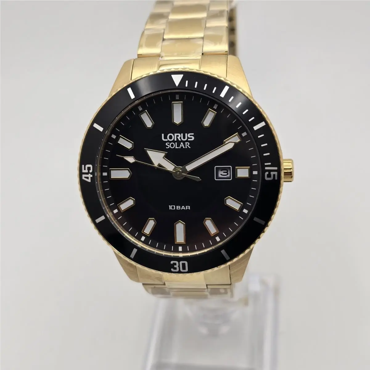 Lorus Mens Solar Watch with Black Dial and Gold Bracelet RX308AX9 by Seiko