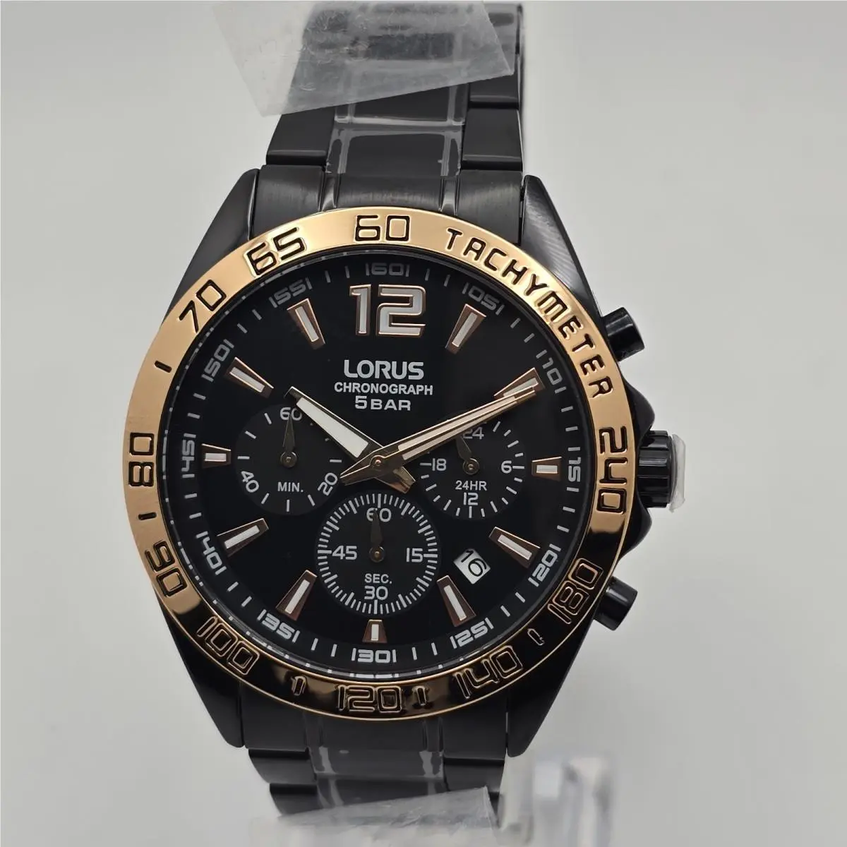 Lorus  RT336JX9 42mm Black Rose Gold Chronograph Watch Full Set by Seiko