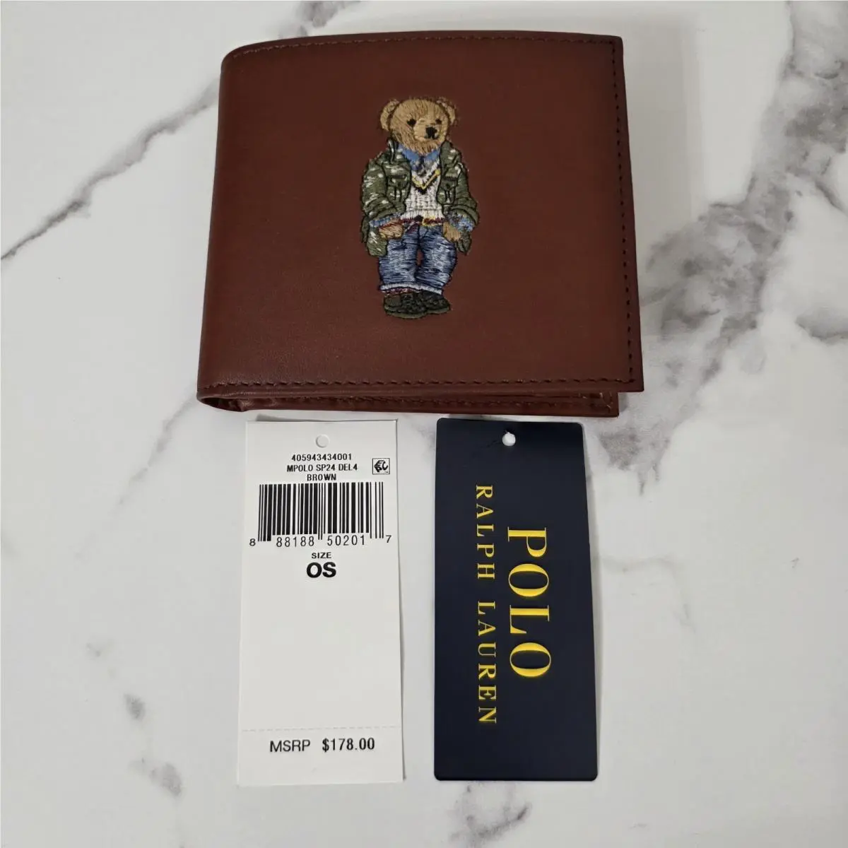 Ralph Lauren Embroidered Polo Bear Pony Leather Card Case Wallet - Brown