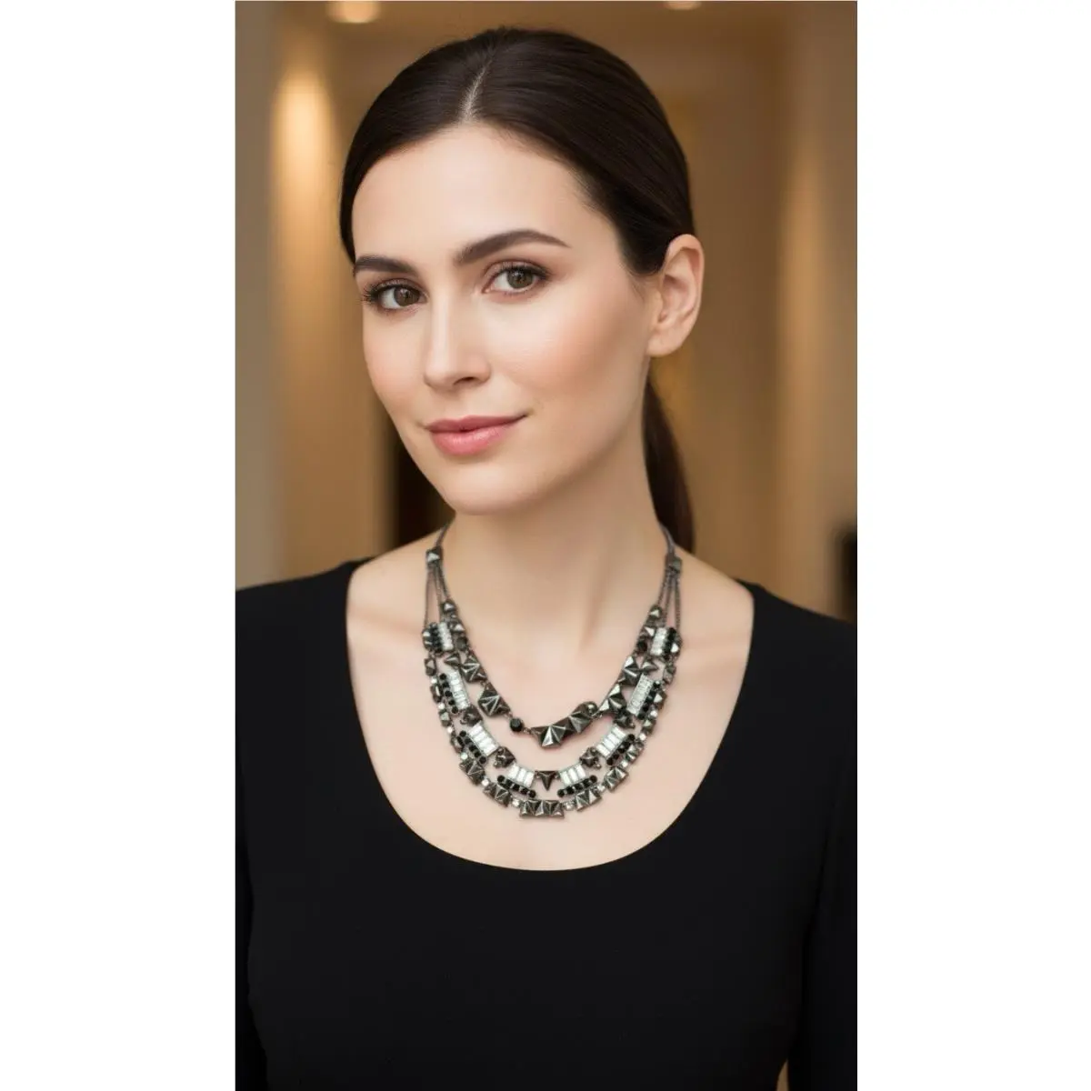 Hematite Tone Multi Layered Crystal Collar Statement Necklace 216B by Givenchy