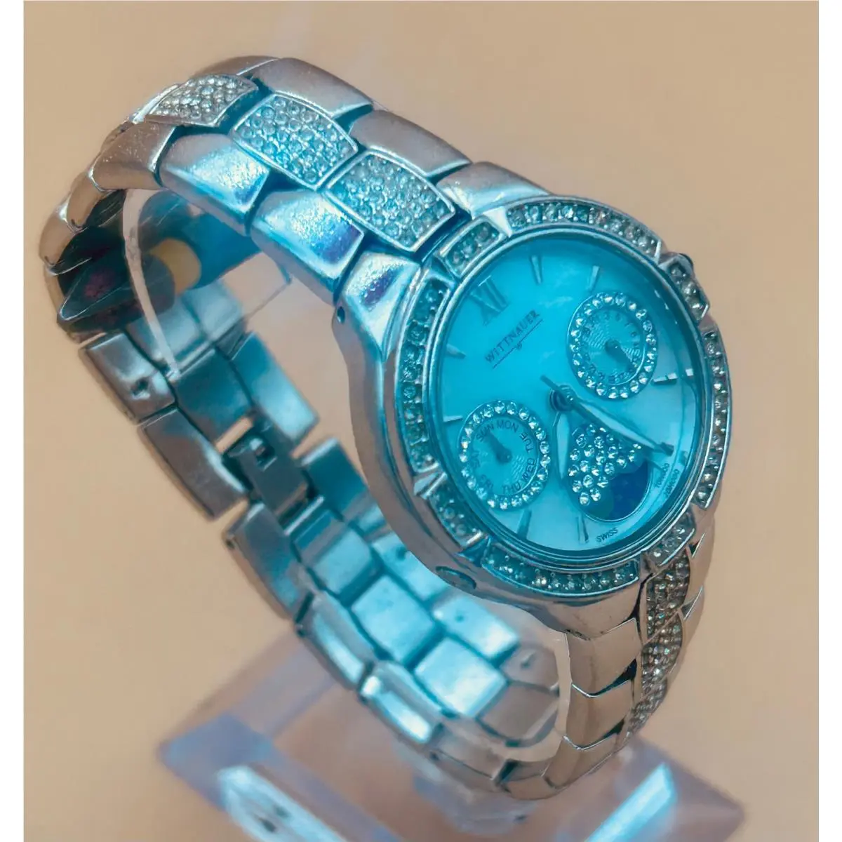 Orpheum Diamond Bezel Bracelet Mother of Pearl Moonphase Swiss Quartz by Wittnauer