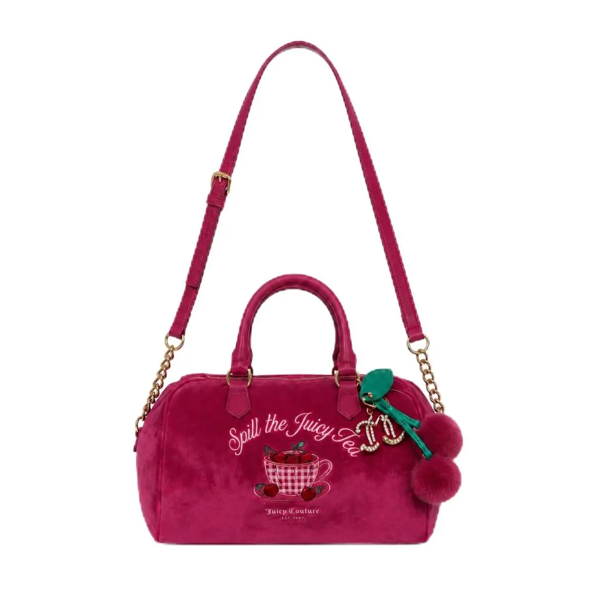 Sweet Tea Party Satchel Barrel Bag with Cherry Cup Graphic by Juicy Couture