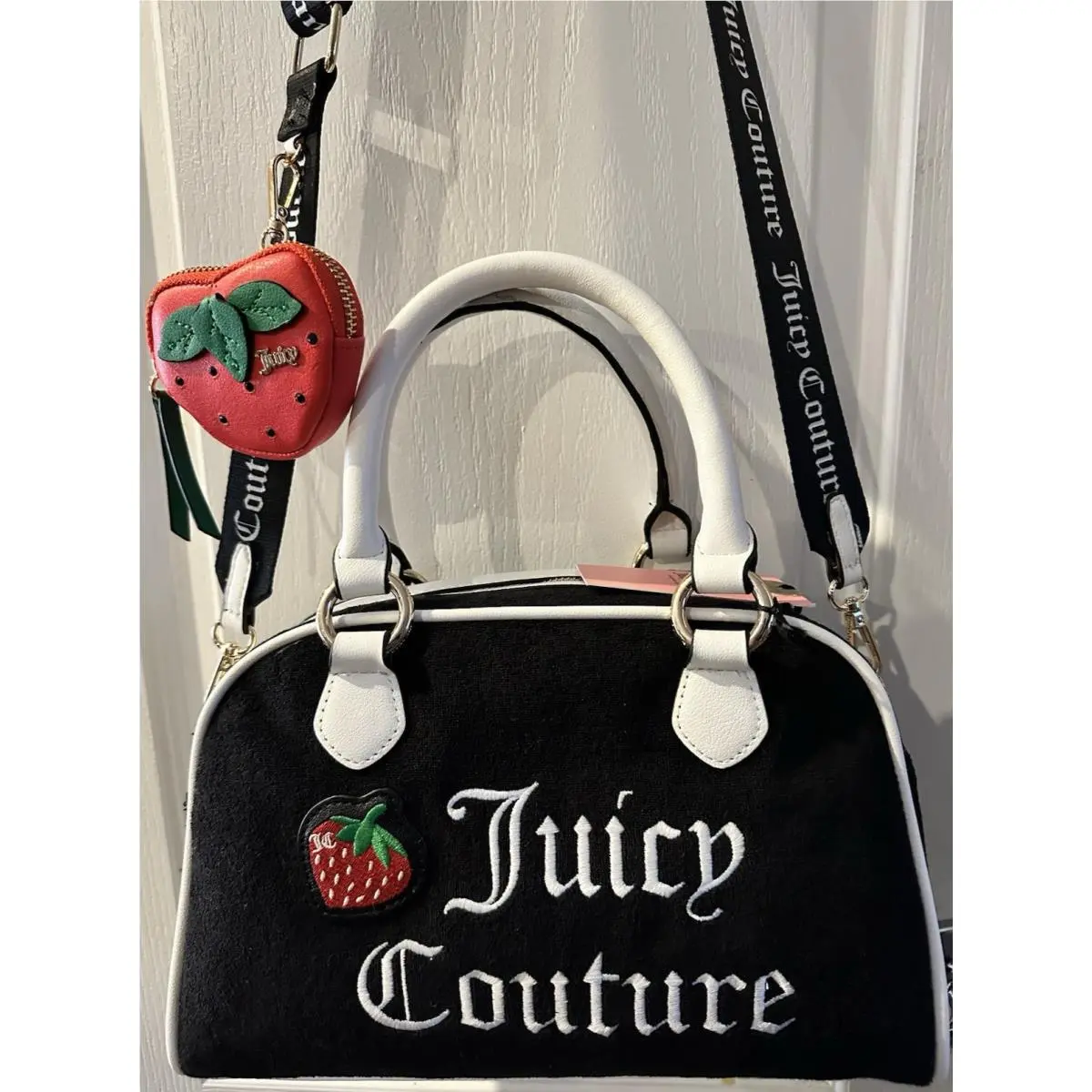Strawberry Satchel Handbag Black Velour Purse Y2K by Juicy Couture