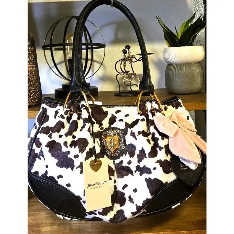 Romance Cow Print Satchel Liquorice/white Viral Y2K Bow Charm by Juicy Couture