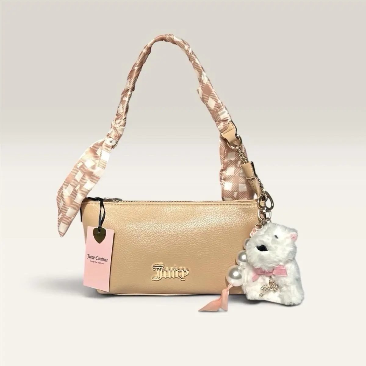 Small Shoulder Bag – Beige Logo Purse with Plush Charm by Juicy Couture
