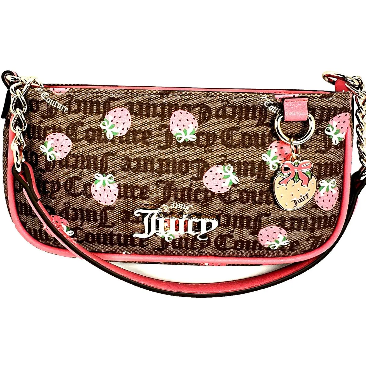 Y2K Baguette Shoulder Bag Brown Pink Strawberry Charm Purse by Juicy Couture