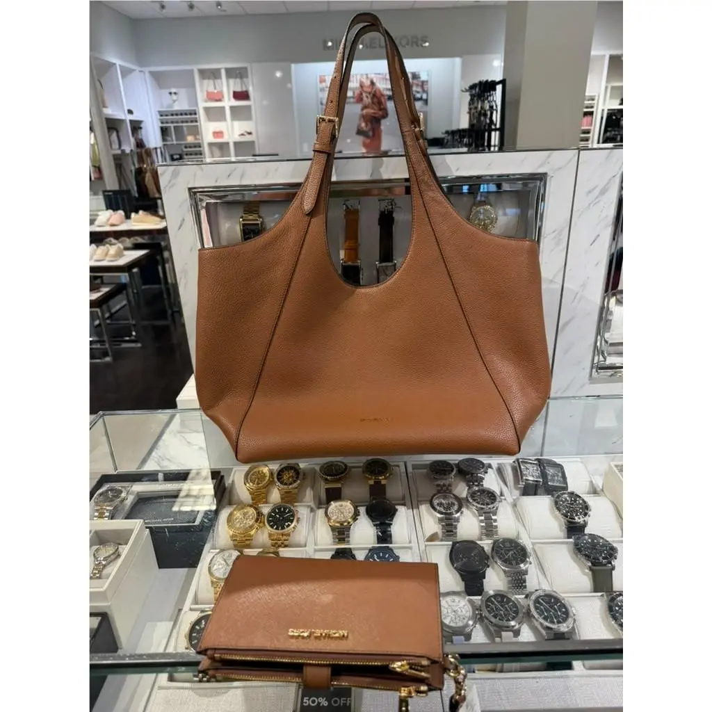 Bernie Large Pebbled Leather Tote Bag + Double Zip Wallet Luggage by Michael Kors